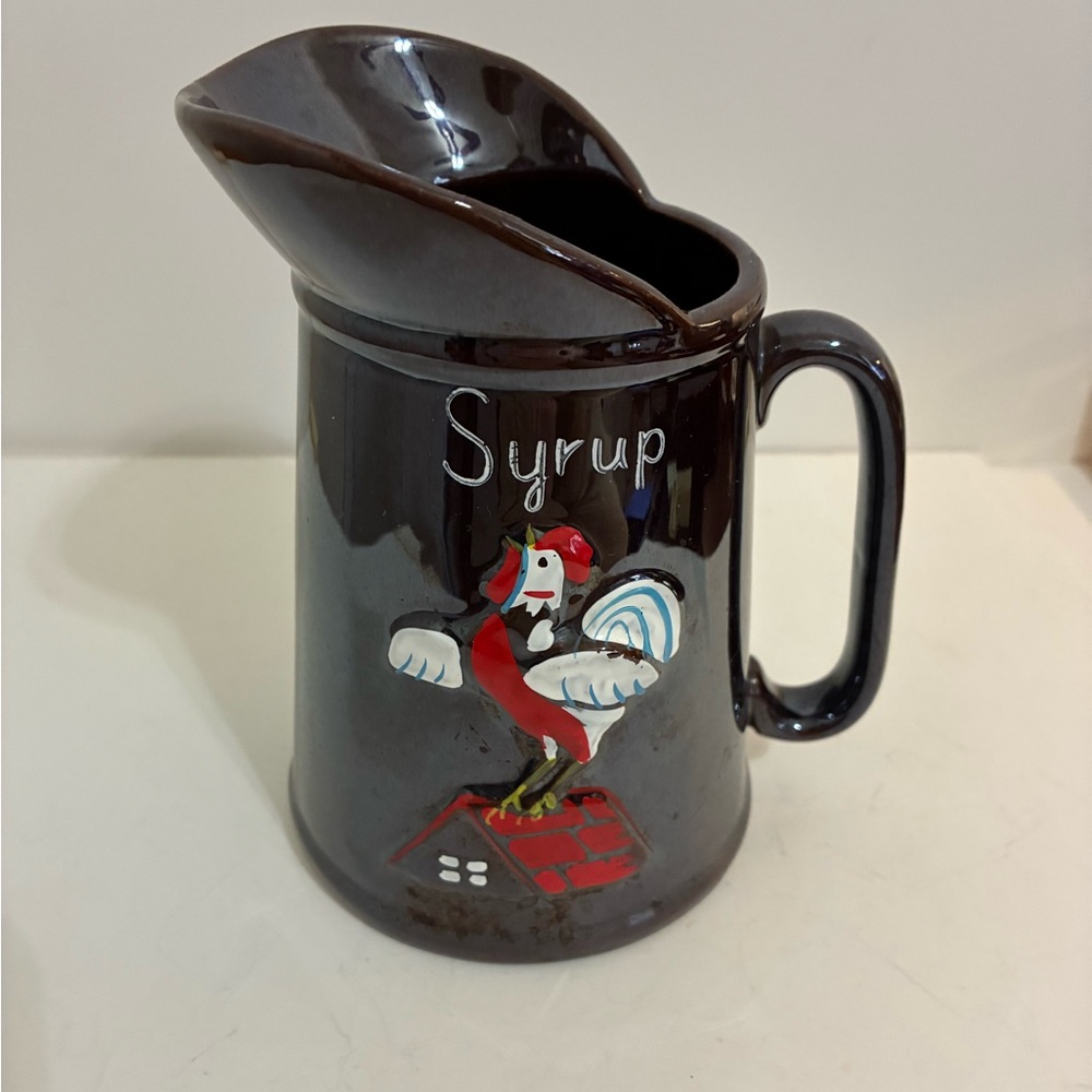 Vintage Redware Crowing Rooster Syrup Pitcher Brown Glaze